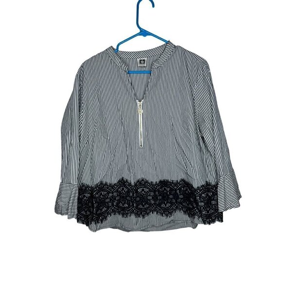 Anne Klein Cotton Blend Striped Lace Blouse Black X-Large - Picture 1 of 4